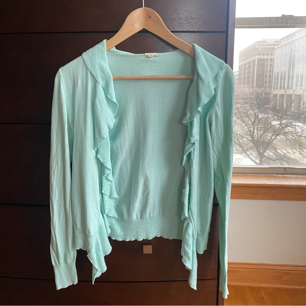 JCrew ruffle front cardigan Seafoam XS